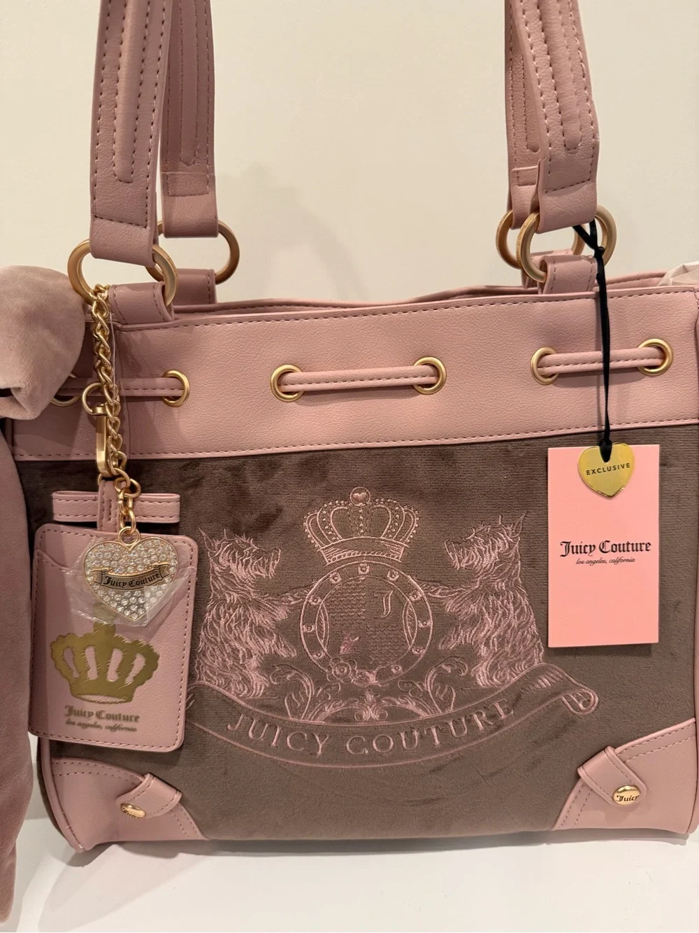 Juicy Couture Dusty Pink Velvet & Leather Shoulder Bag with Charm